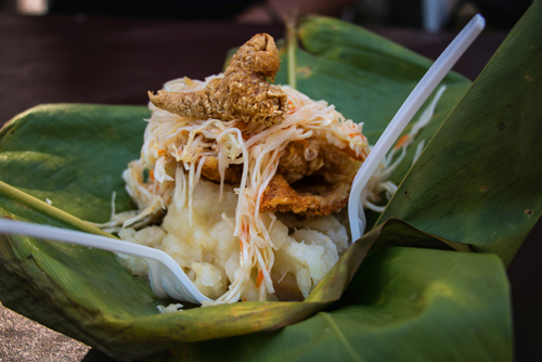 Vigoron served in a banana leaf on the streets of Granada, Nicaragua